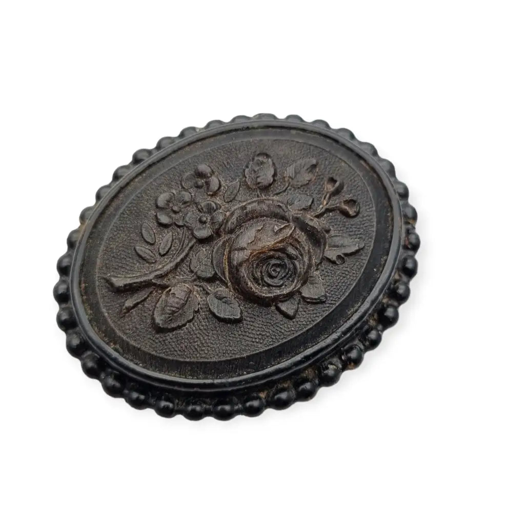 Mourning Jewelry, Antique Victorian Brooch, Floral Design in Jet, Vulcanite.