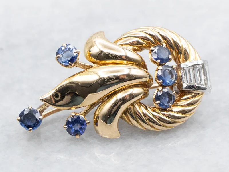 Mixed Metal Sapphire and Diamond Brooch