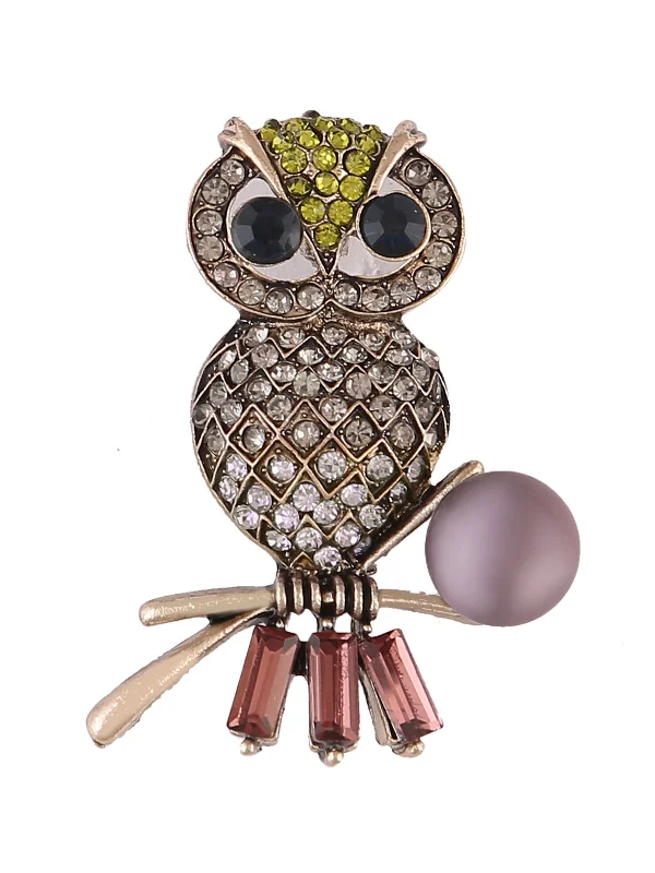 Multicoloured Diamond Owl Bird Brooch Pin