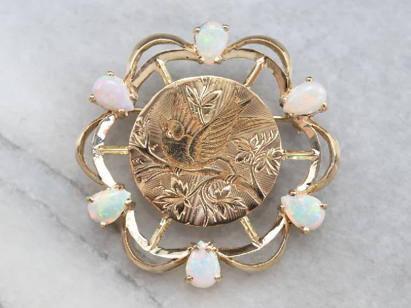 Opal Songbird Etched Gold Brooch