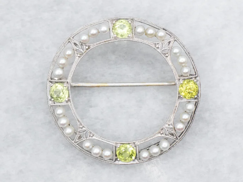 Peridot and Seed Pearl Round Brooch