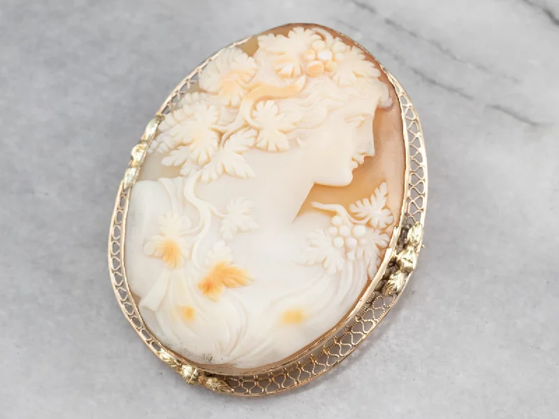 Vintage Bacchante Maiden Cameo Gold Brooch Pendant