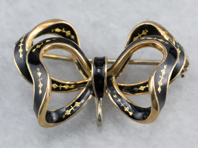 Vintage Black Enamel Gold Bow Brooch