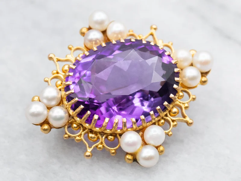 Vintage East to West Amethyst and Pearl Brooch