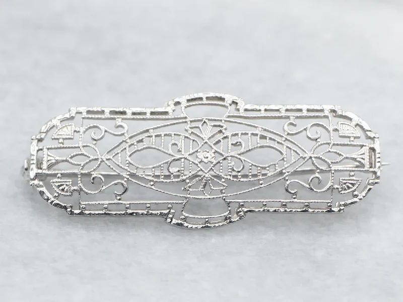 White Gold Art Deco Filigree Brooch