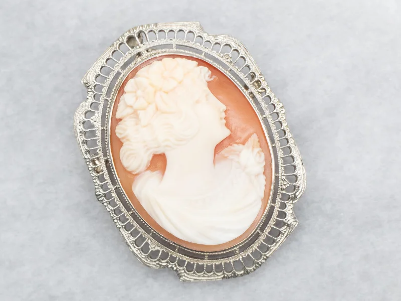 White Gold Filigree Cameo Brooch or Pendant