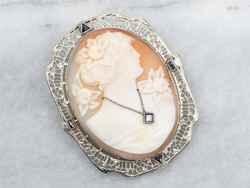 Cameo, Diamond, and Sapphire Brooch or Pendant