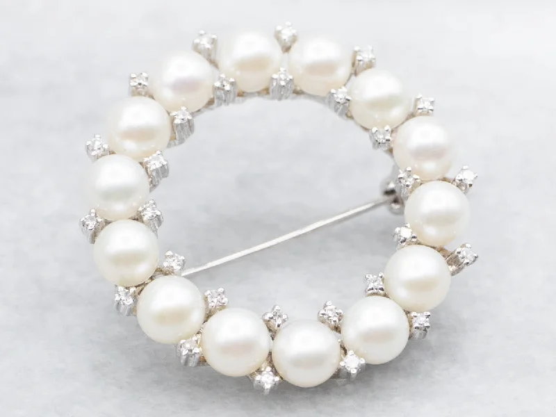 White Gold Saltwater Pearls and Diamond Circle Brooch