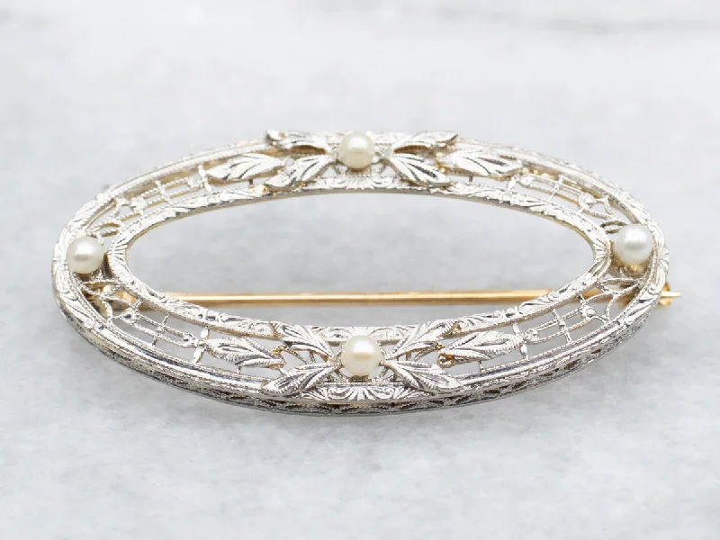 Art Deco Seed Pearl Filigree Brooch