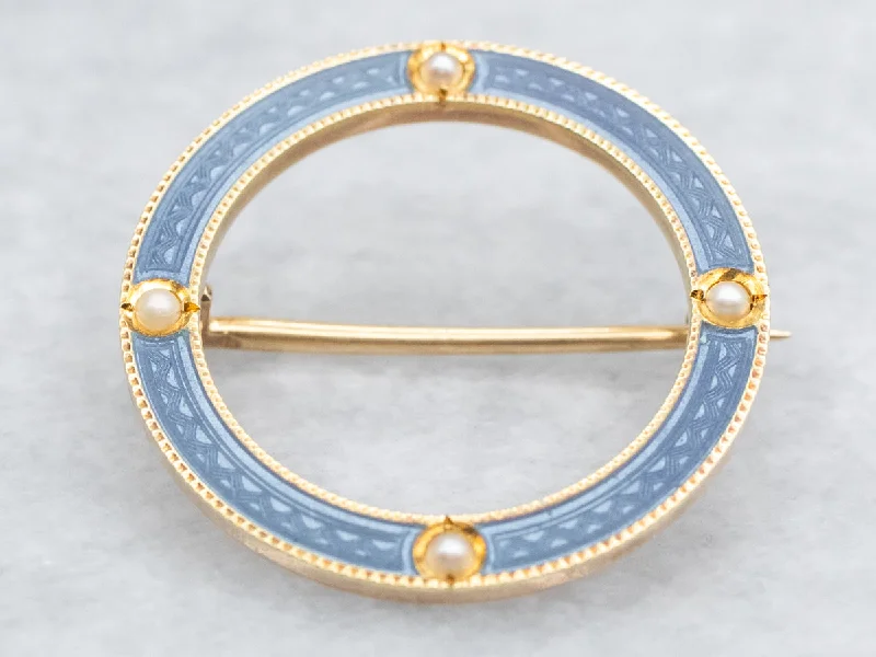 Blue Enamel and Seed Pearl Brooch