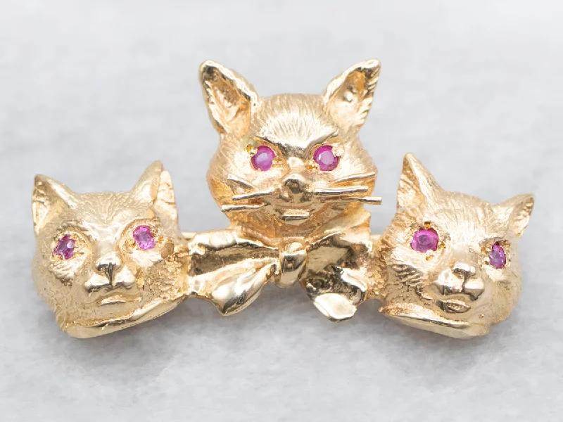 Gold Cat Brooch with Synthetic Ruby Eyes